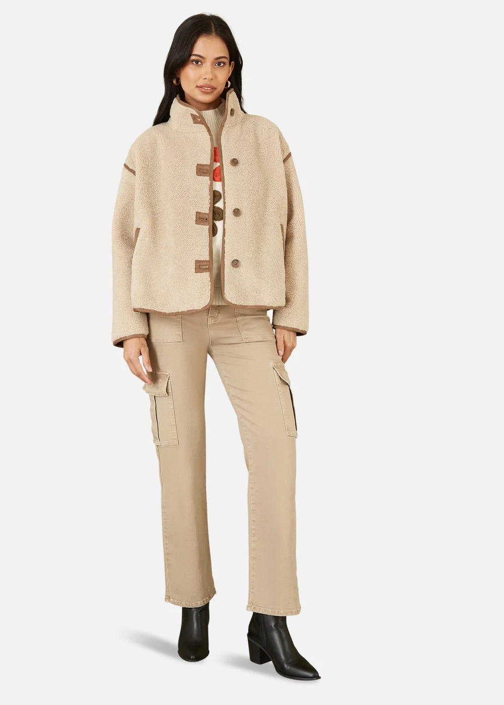 Yumi Cream Borg High Neck Jacket With Faux Leather Trims - 8 Image 1