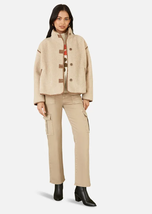 Yumi Cream Borg High Neck Jacket With Faux Leather Trims - 8 Image 1