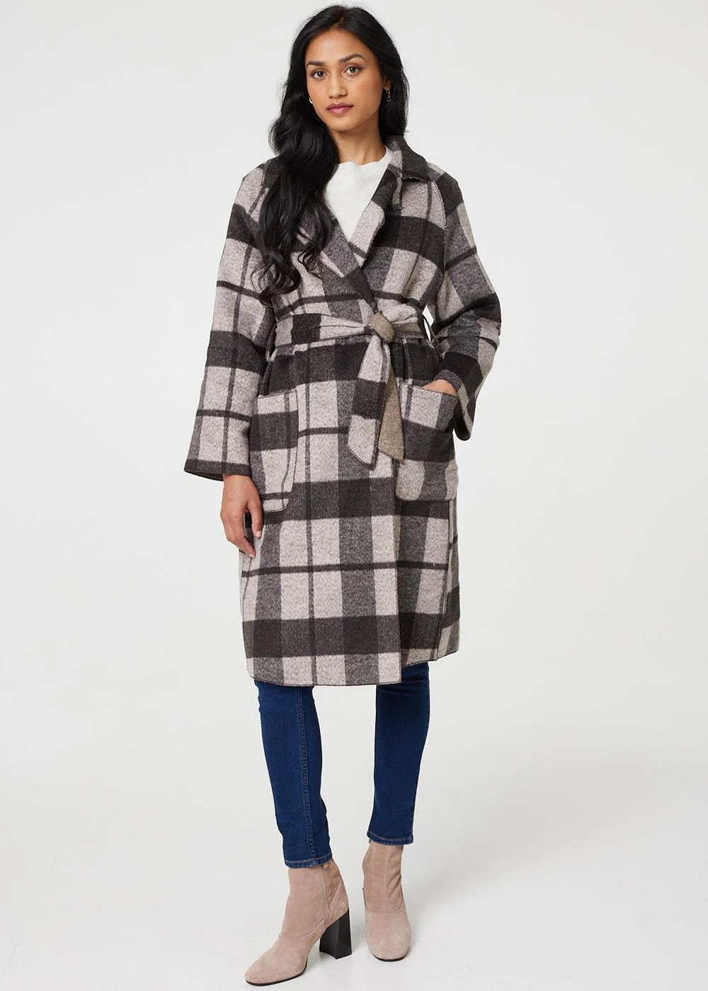 Izabel London Brown Checked Longline Coat with Belt - 8-10 Image 1