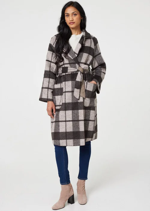 Izabel London Brown Checked Longline Coat with Belt - 8-10 Image 1