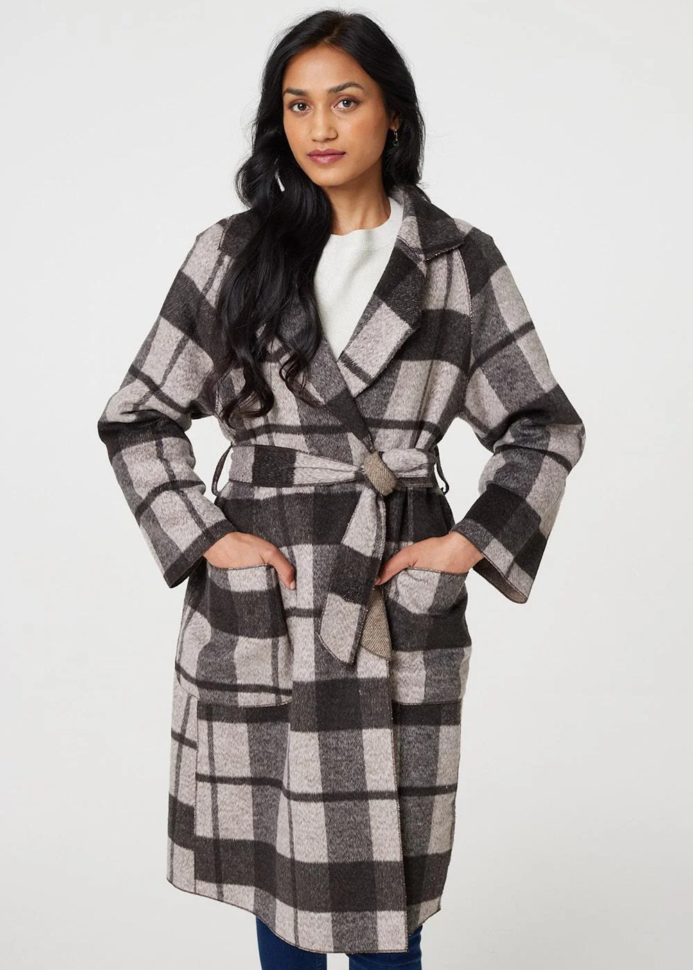 Izabel London Brown Checked Longline Coat with Belt - 8-10 Image 4