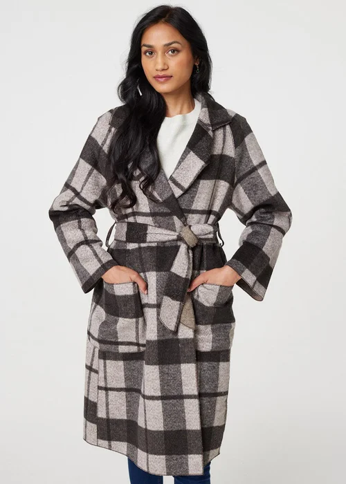 Izabel London Brown Checked Longline Coat with Belt - 8-10 Image 4