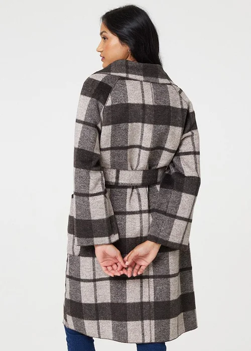 Izabel London Brown Checked Longline Coat with Belt - 8-10 Image 2