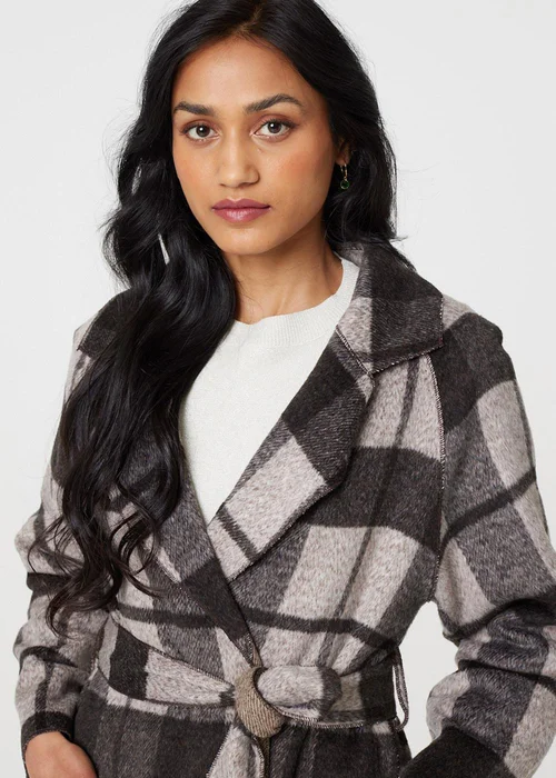 Izabel London Brown Checked Longline Coat with Belt - 8-10 Image 3