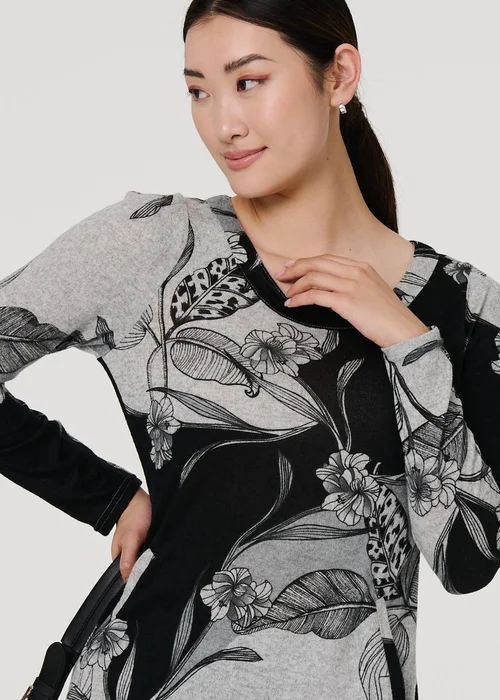 Izabel London Grey Floral Long Sleeve Jersey Shift Dress - 8 Image 3