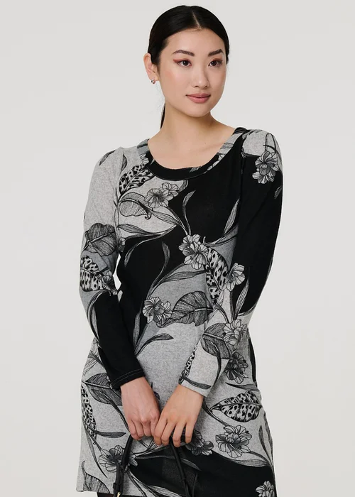 Izabel London Grey Floral Long Sleeve Jersey Shift Dress - 8 Image 4
