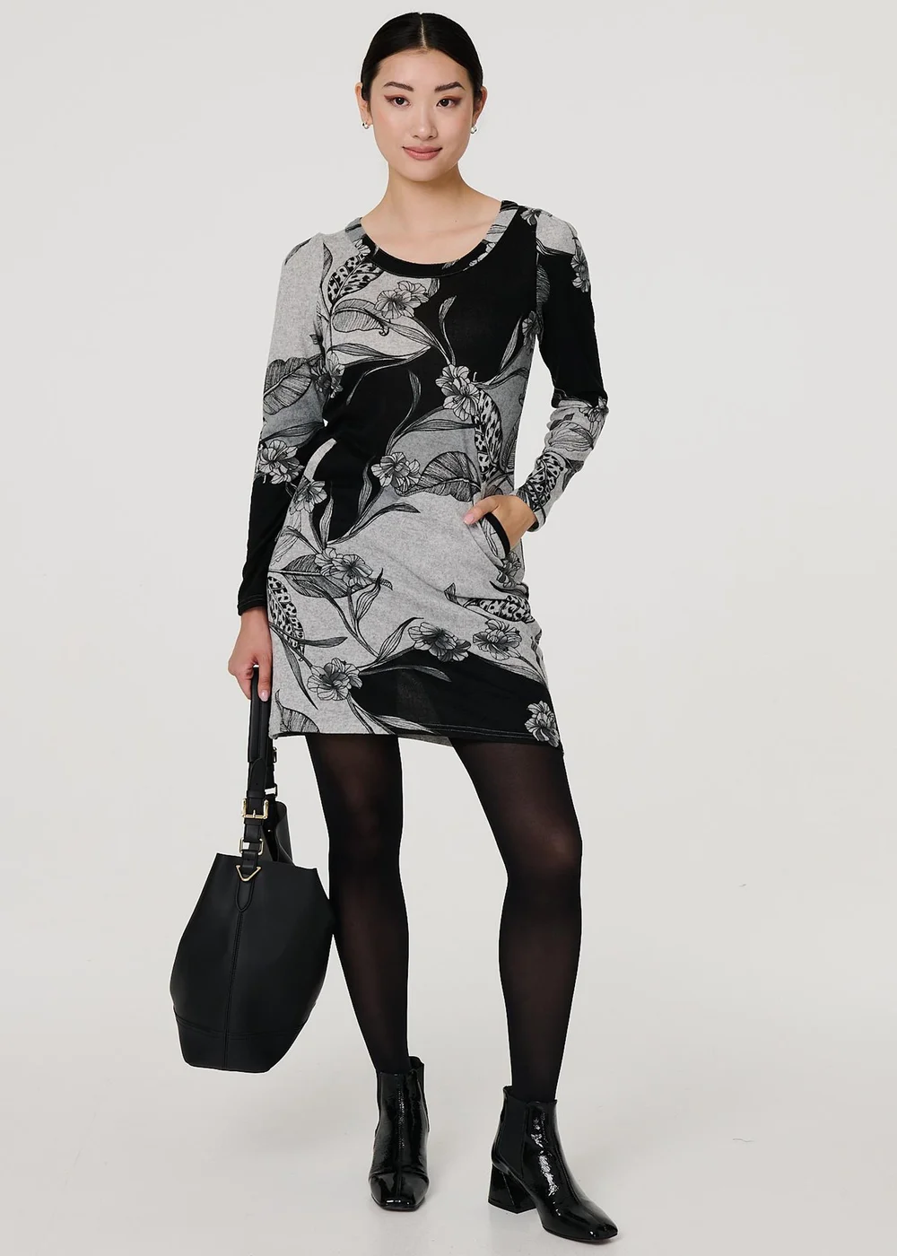 Izabel London Grey Floral Long Sleeve Jersey Shift Dress - 8 Image 1