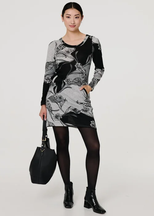Izabel London Grey Floral Long Sleeve Jersey Shift Dress - 8 Image 1