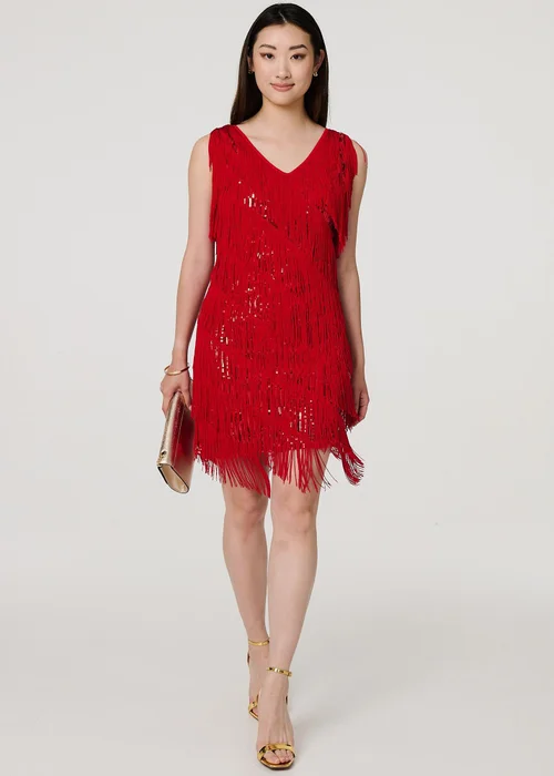 Izabel London Red Sequin Tassel Fringed Mini Dress - 8 Image 1