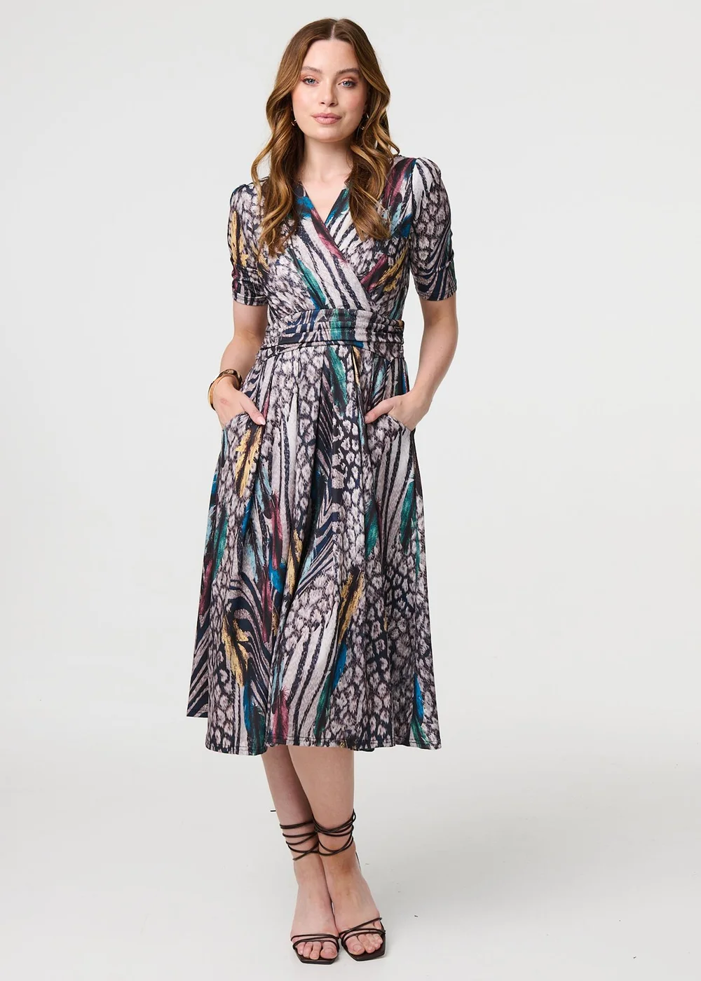 Izabel London Beige Printed Faux Wrap Front Jersey Midi Dress - 8 Image 1