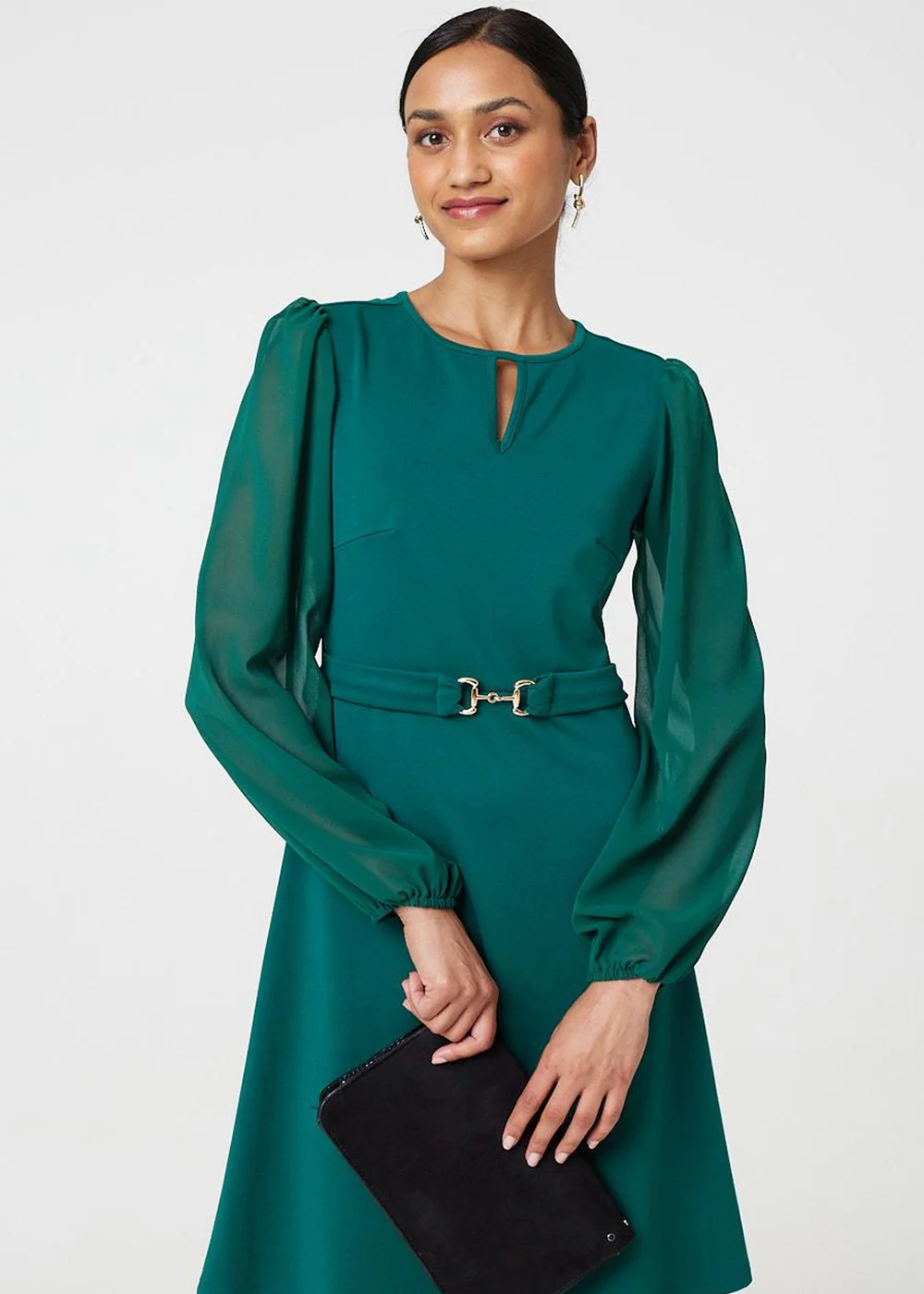Izabel London Green Long Sleeve Skater Dress with Belt - 8 Image 2