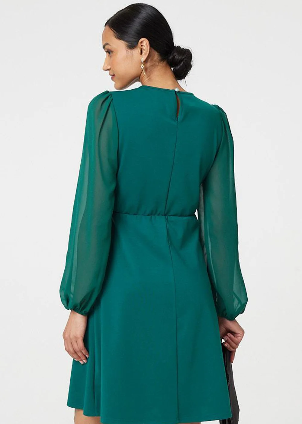 Izabel London Green Long Sleeve Skater Dress with Belt - 8 Image 4