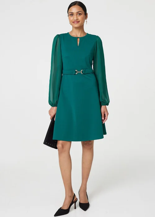 Izabel London Green Long Sleeve Skater Dress with Belt - 8 Image 1