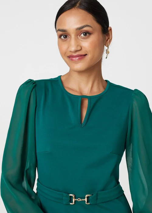 Izabel London Green Long Sleeve Skater Dress with Belt - 8 Image 3