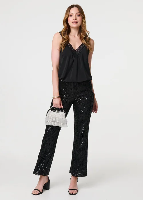 Izabel London Black High Waist Flared Sequin Trousers - 8 Image 1
