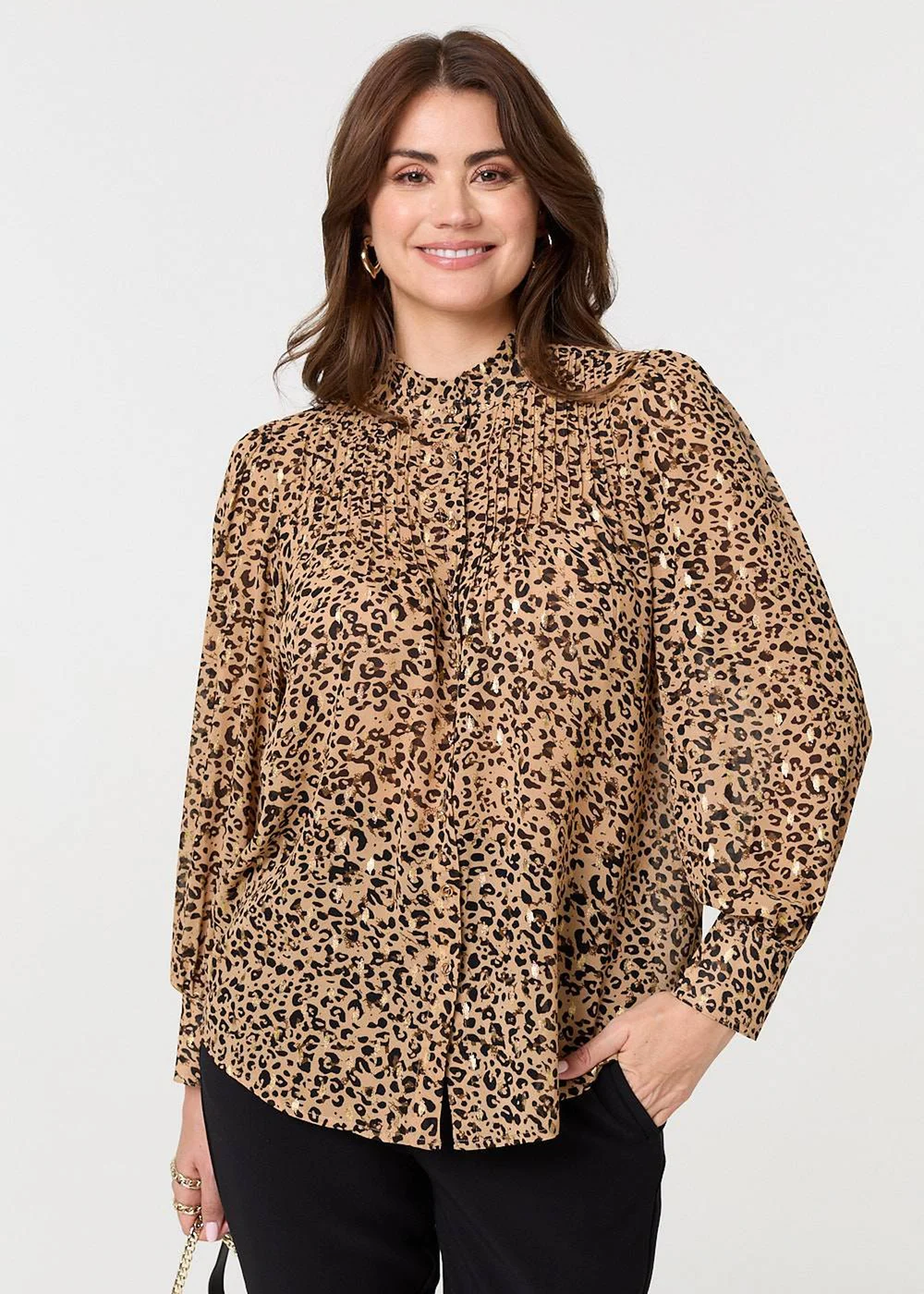 Izabel London Beige Animal Print High Neck Loose Fit Blouse - 8 Image 2