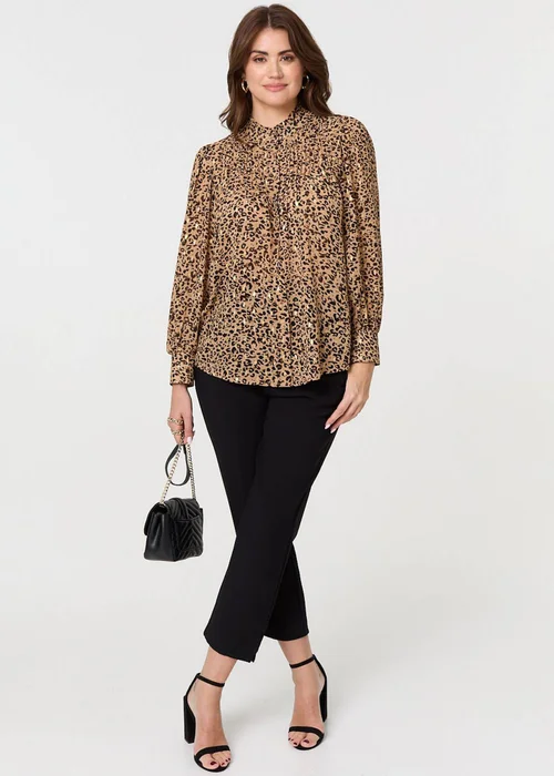 Izabel London Beige Animal Print High Neck Loose Fit Blouse - 8 Image 1