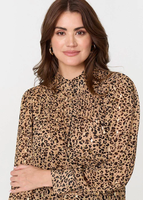 Izabel London Beige Animal Print High Neck Loose Fit Blouse - 8 Image 3