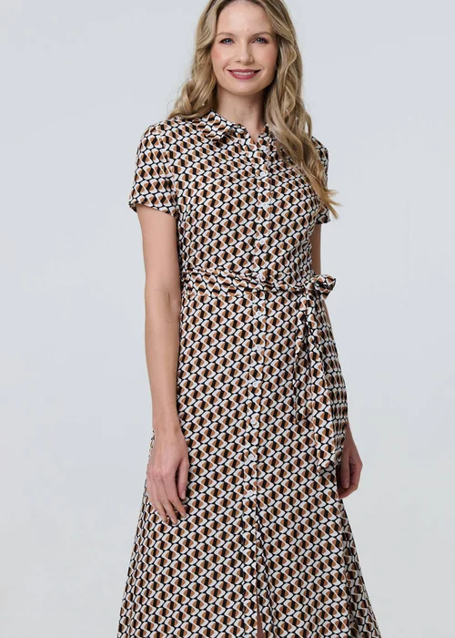 Izabel London Beige Geo Print Short Sleeve Tie Waist Midi Dress - 8 Image 4