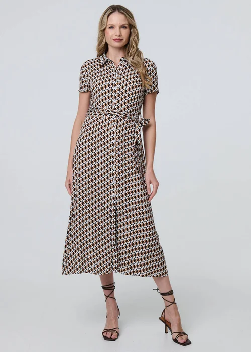 Izabel London Beige Geo Print Short Sleeve Tie Waist Midi Dress - 8 Image 1