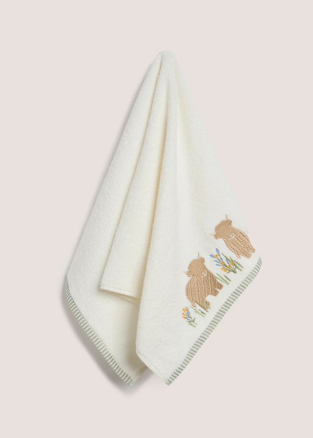 Cream Highland Cow Embroidered Hand Towel - Hand Towel Image 1