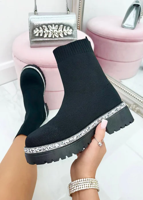 Love Lemonade Black Sparkly Stretch Chunky Sock Boots - 3 Image 1