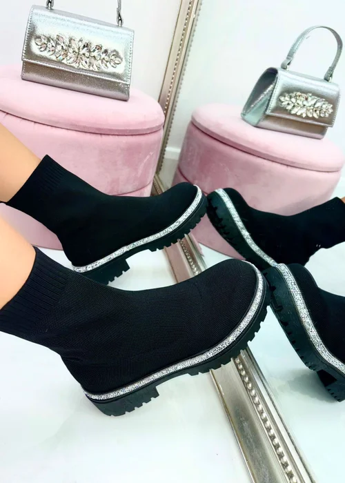 Love Lemonade Black Sparkly Stretch Chunky Sock Boots - 3 Image 3
