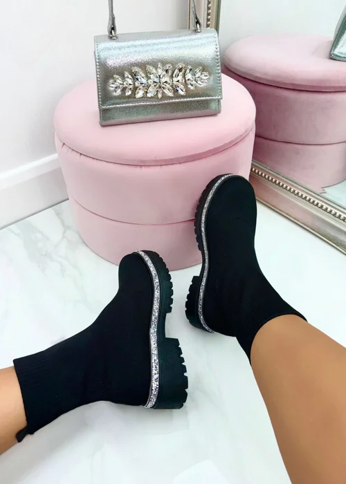 Love Lemonade Black Sparkly Stretch Chunky Sock Boots - 3 Image 2