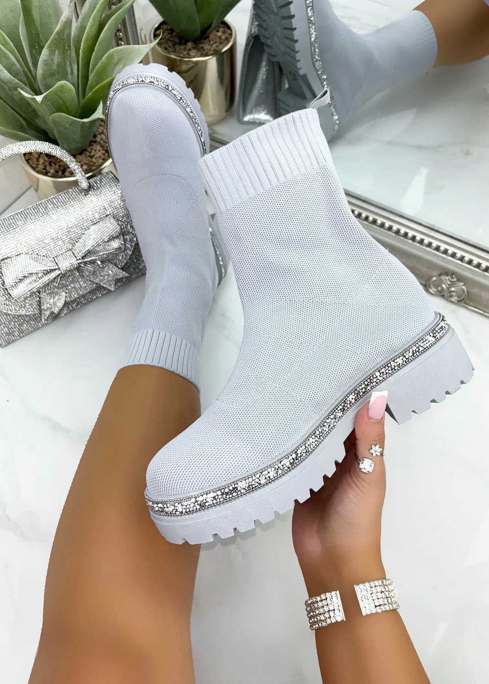 Love Lemonade Grey Sparkly Stretch Chunky Sock Boots - 3 Image 1