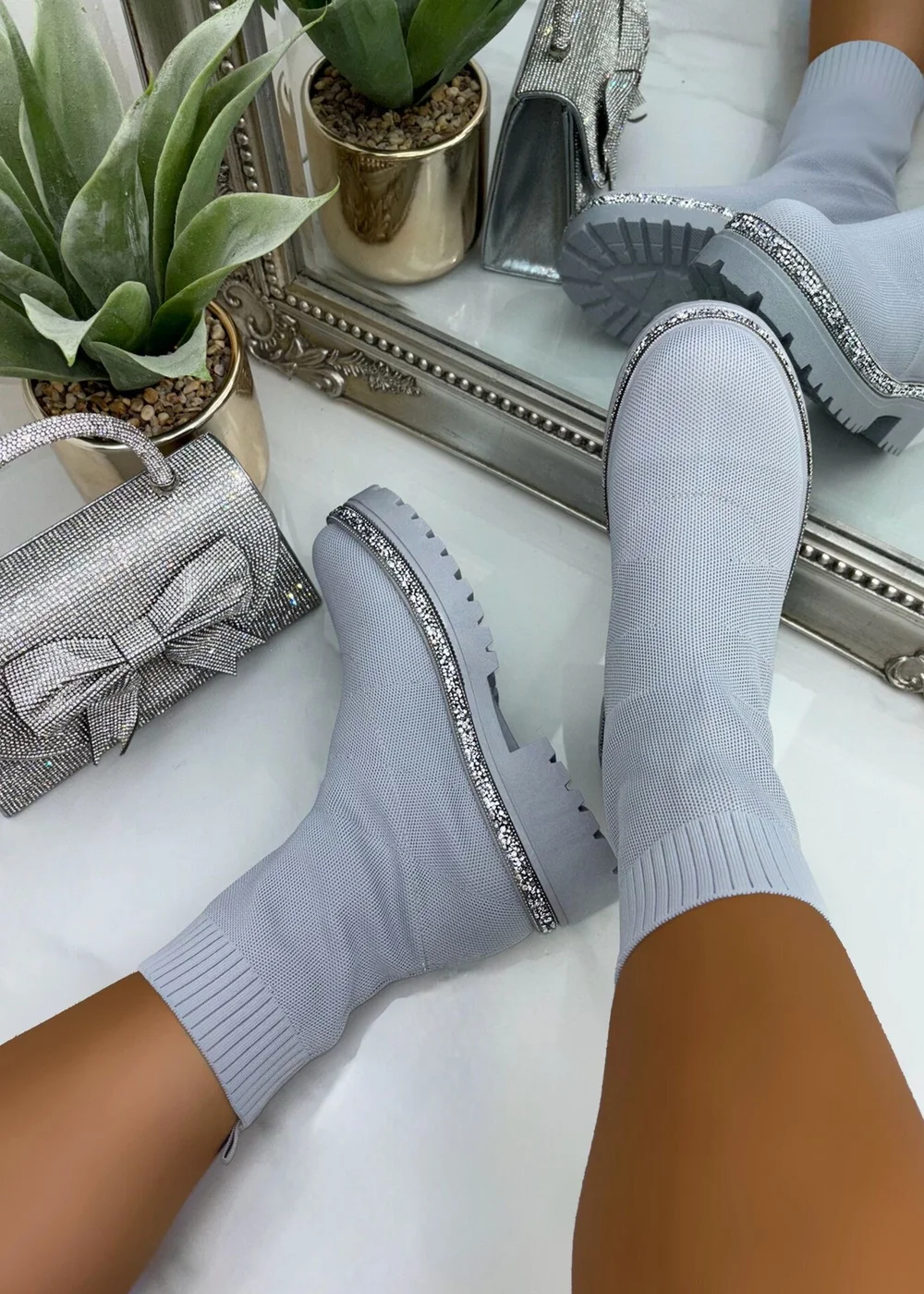 Love Lemonade Grey Sparkly Stretch Chunky Sock Boots - 3 Image 2