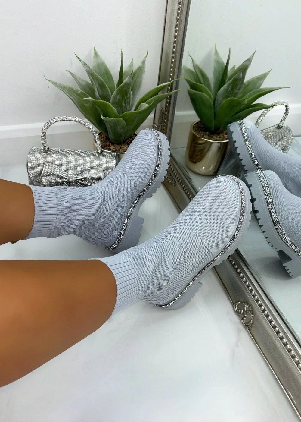 Love Lemonade Grey Sparkly Stretch Chunky Sock Boots - 3 Image 3