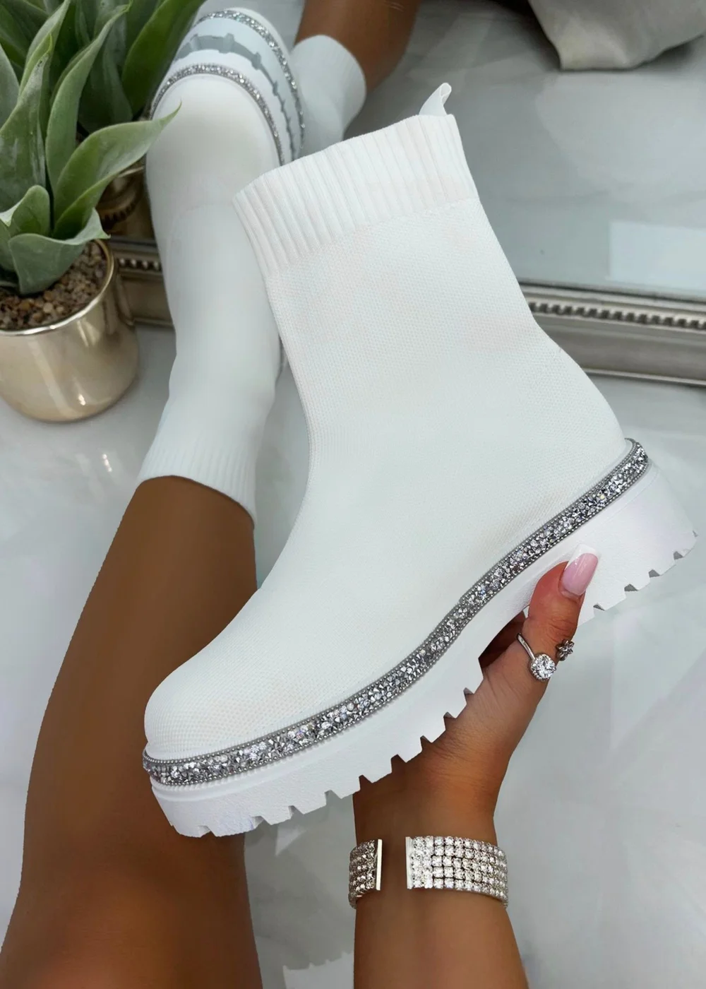 Love Lemonade White Sparkly Stretch Chunky Sock Boots - 3 Image 1