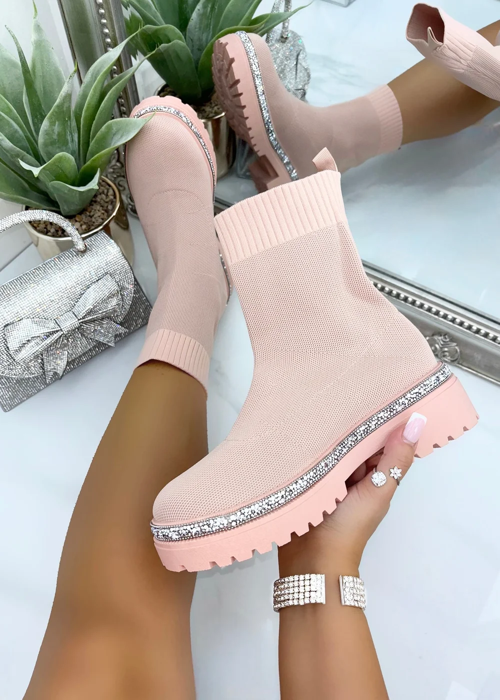 Love Lemonade Pale Pink Sparkly Stretch Chunky Sock Boots - 3 Image 1