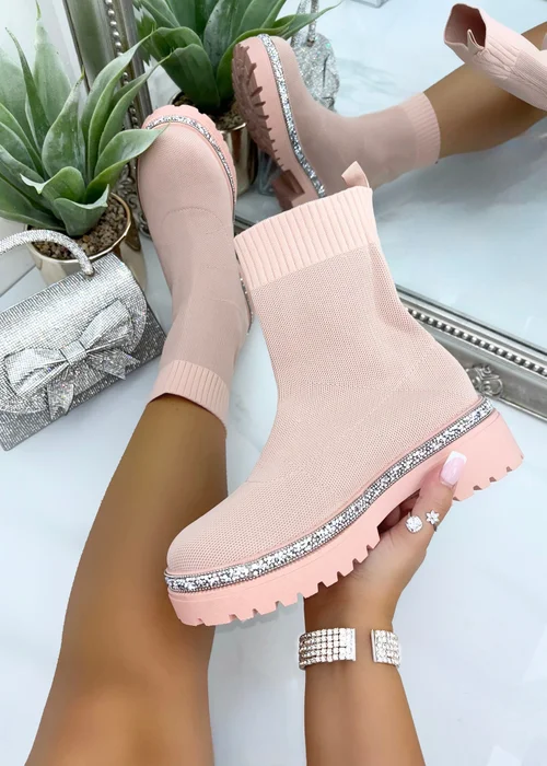 Love Lemonade Pale Pink Sparkly Stretch Chunky Sock Boots - 3 Image 1