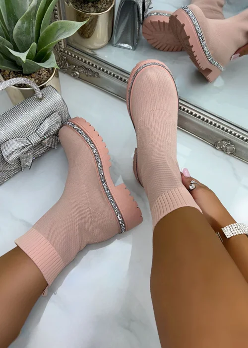 Love Lemonade Pale Pink Sparkly Stretch Chunky Sock Boots - 3 Image 3