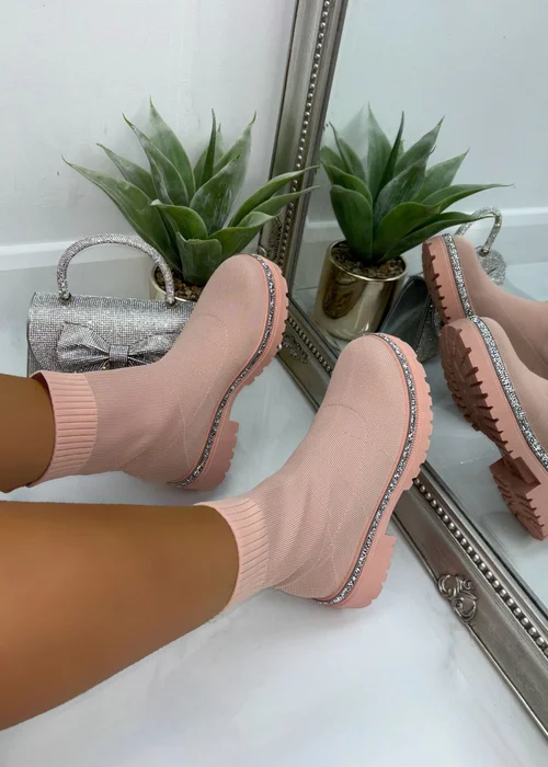 Love Lemonade Pale Pink Sparkly Stretch Chunky Sock Boots - 3 Image 2