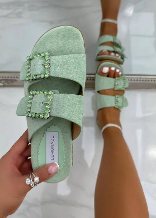 Love Lemonade Sage Green Crystal Boho Suede Double Buckle Sliders - 3 Image 1