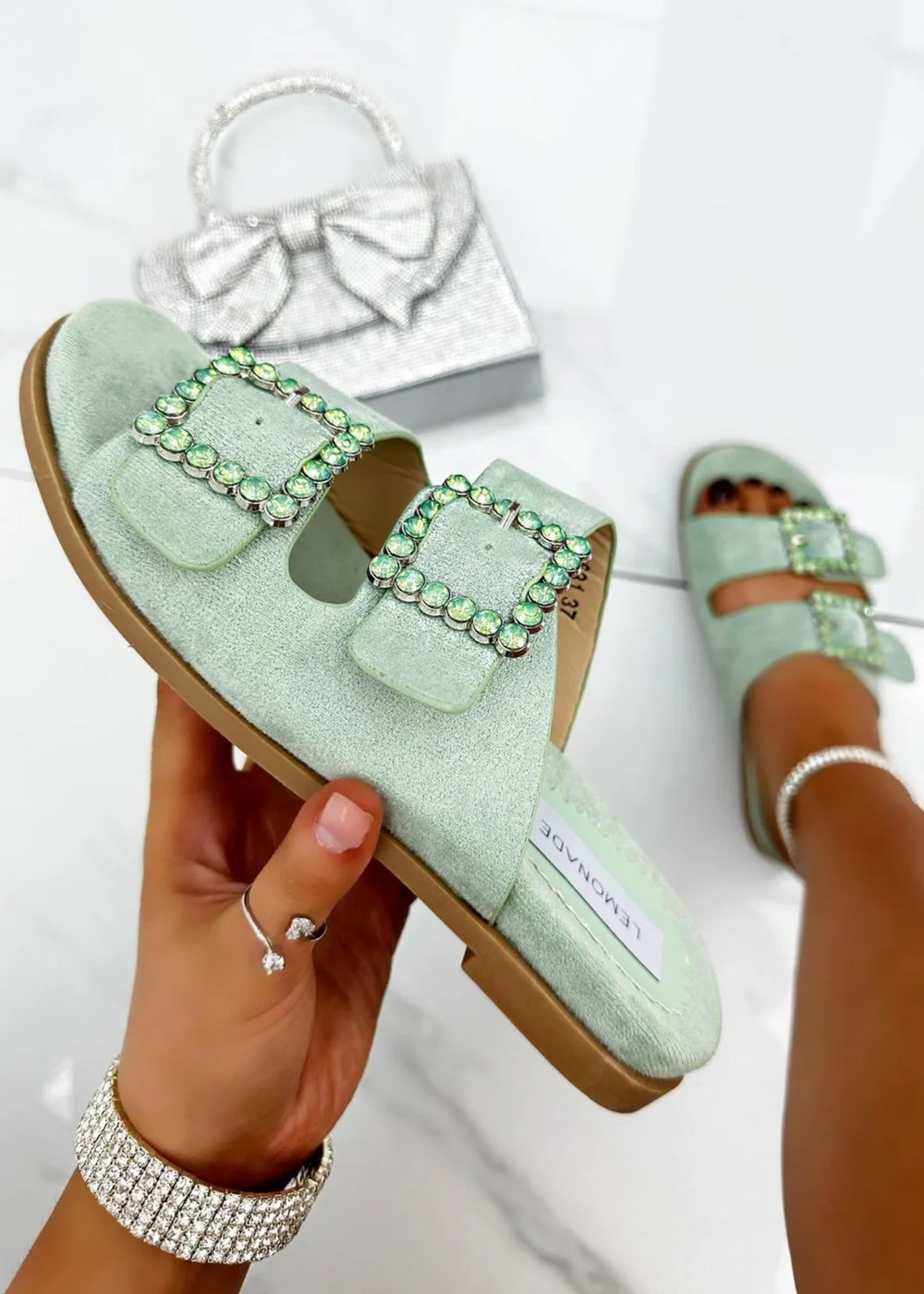 Love Lemonade Sage Green Crystal Boho Suede Double Buckle Sliders - 3 Image 2