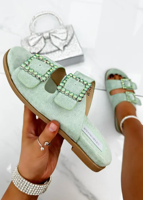 Love Lemonade Sage Green Crystal Boho Suede Double Buckle Sliders - 3 Image 2
