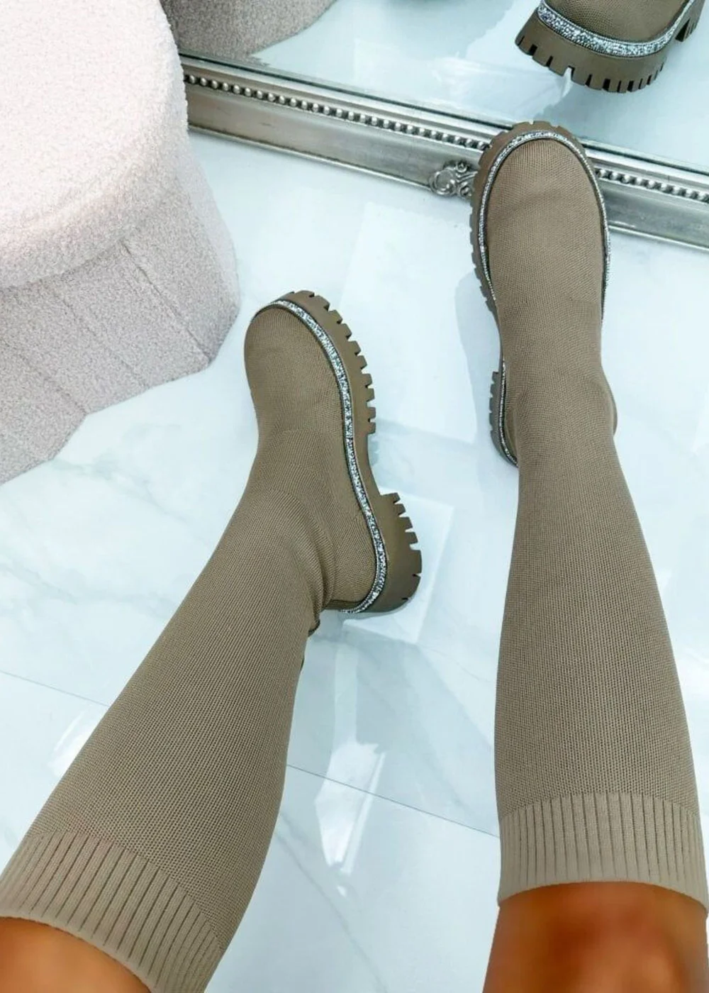 Love Lemonade Mocha Sparkly Calf Stretch Sock Boots - 3 Image 1