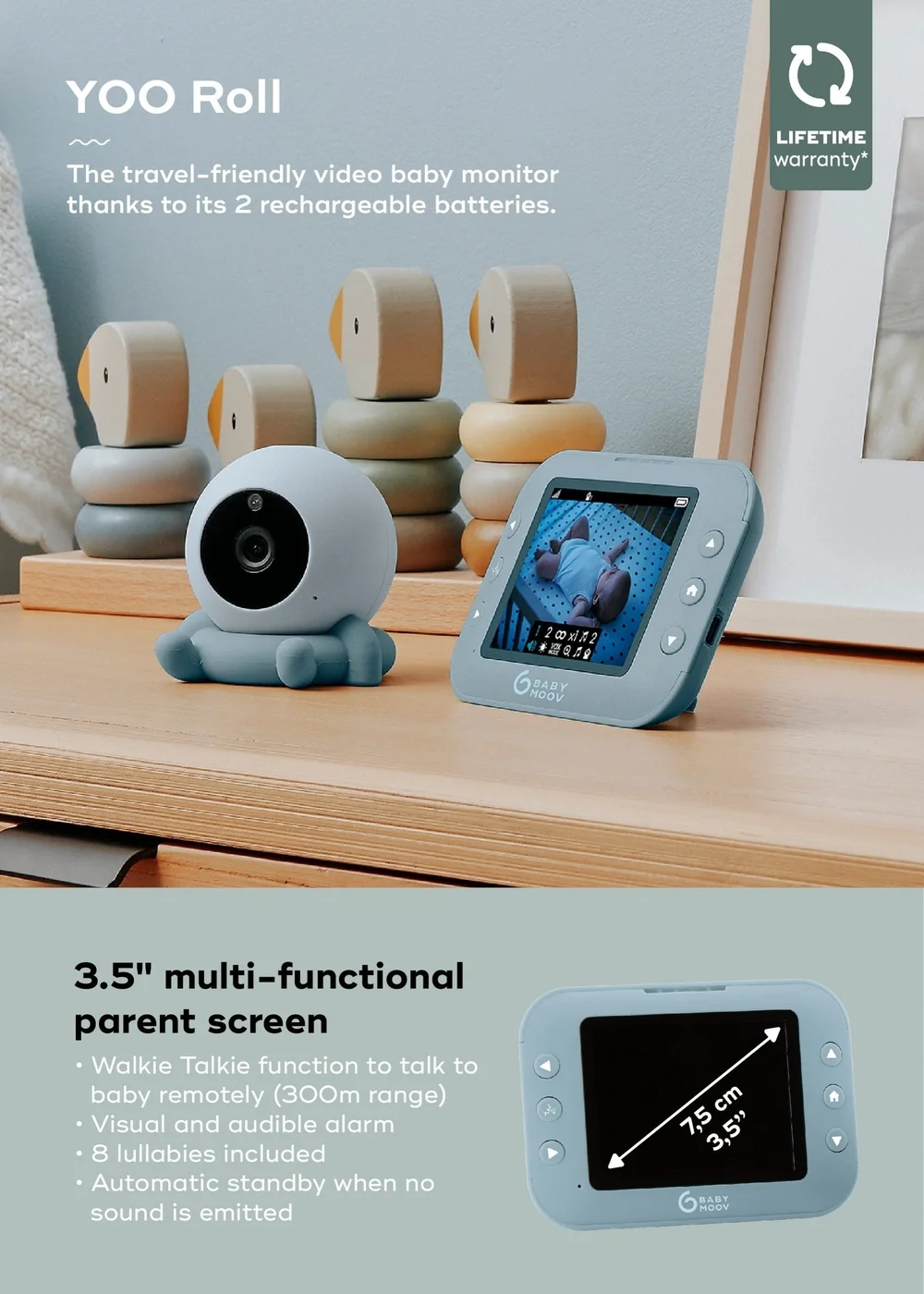 Babymoov Blue Yoo Roll Wire Free Baby Video Monitor - One Size Image 2