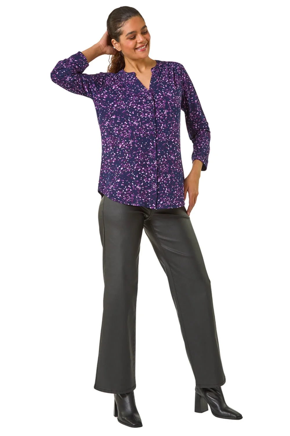 Roman Purple Stretch Speckled Print Blouse - Size 14 Image 2