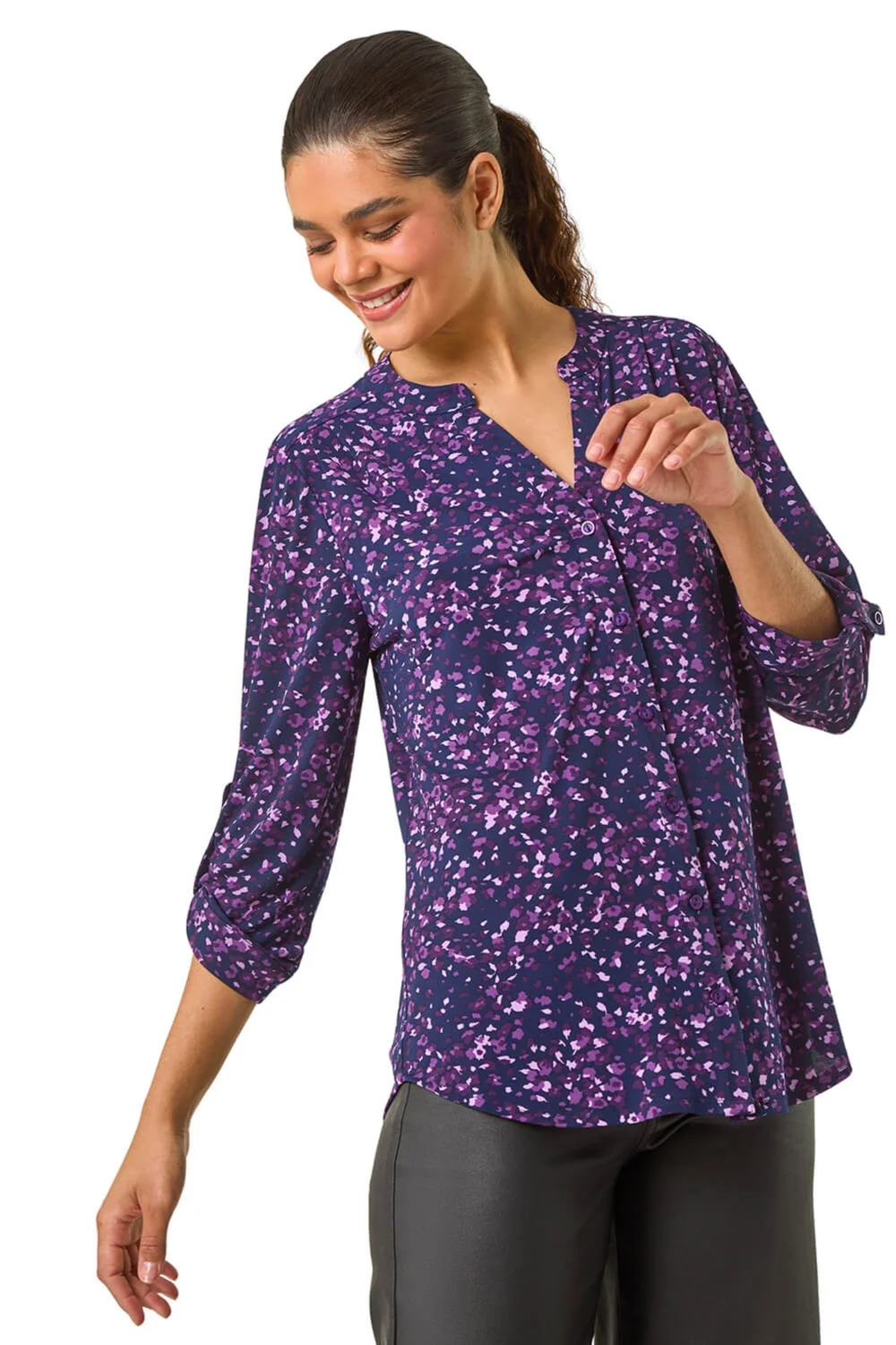 Roman Purple Stretch Speckled Print Blouse - Size 14 Image 1