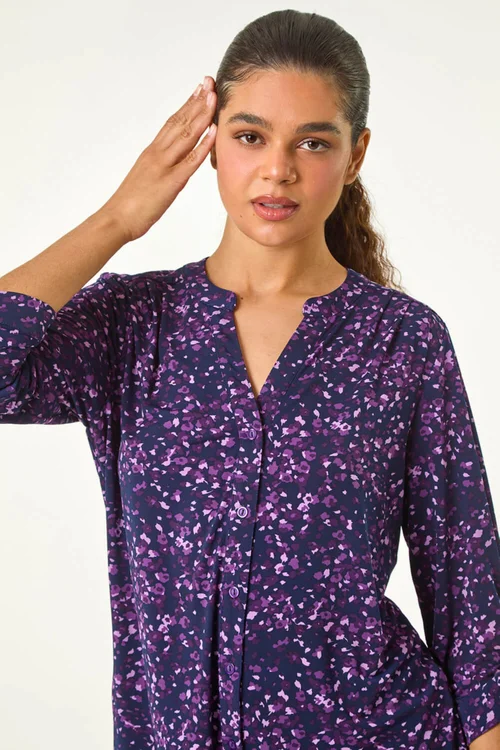Roman Purple Stretch Speckled Print Blouse - Size 14 Image 4