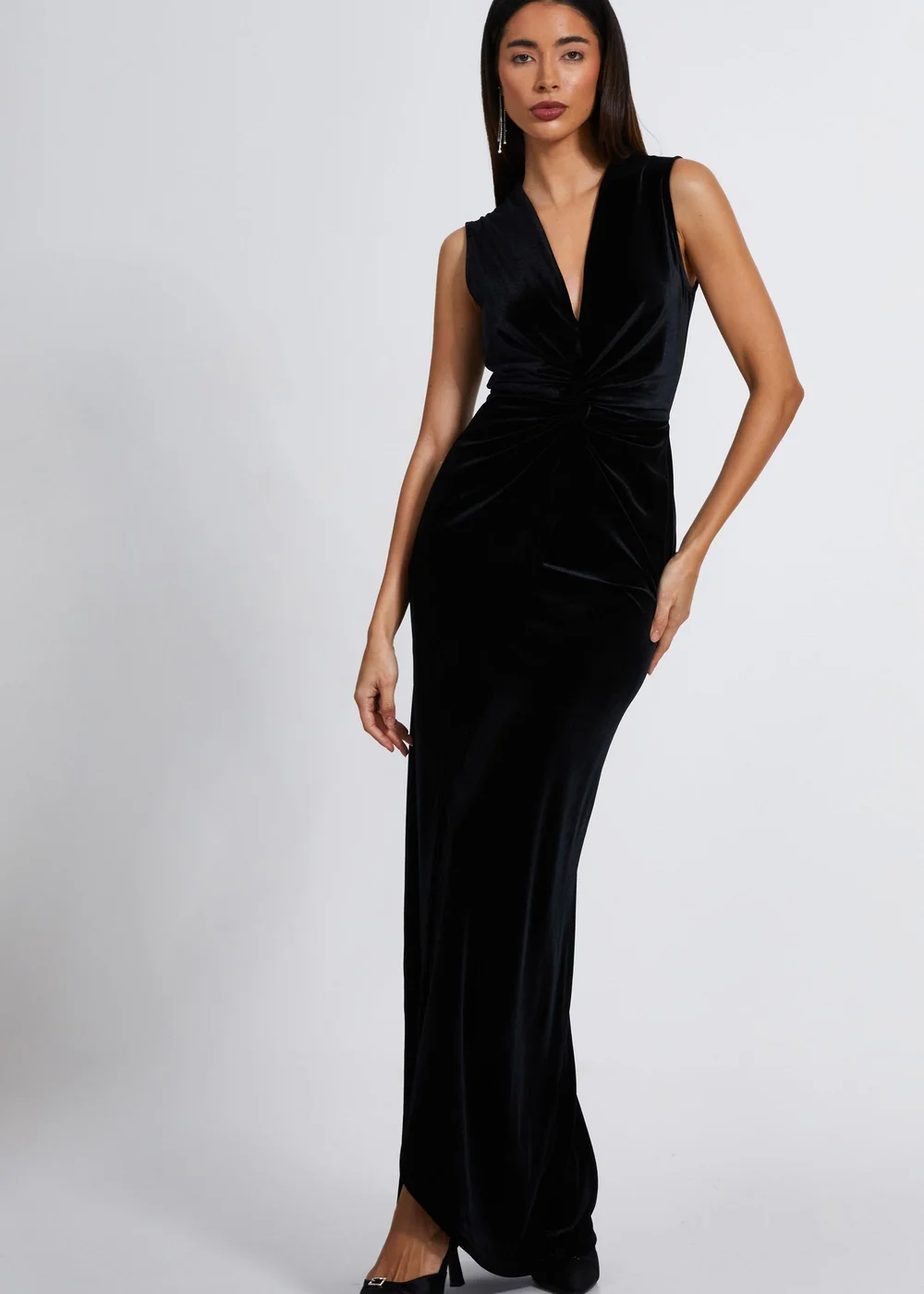 Quiz Black Velvet Twist Front Maxi Dress - 8 Image 1