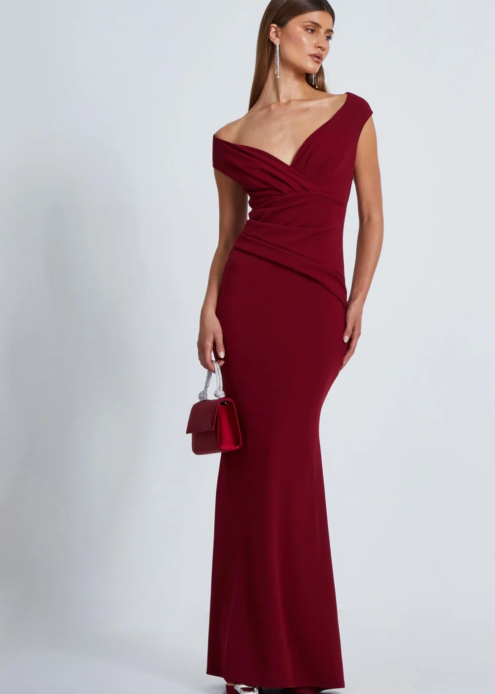 Quiz Burgundy Bardot Pleated Maxi Dress - 18 | Matalan Quiz Burgundy Bardot Pleated Maxi Dress - 18 | Matalan