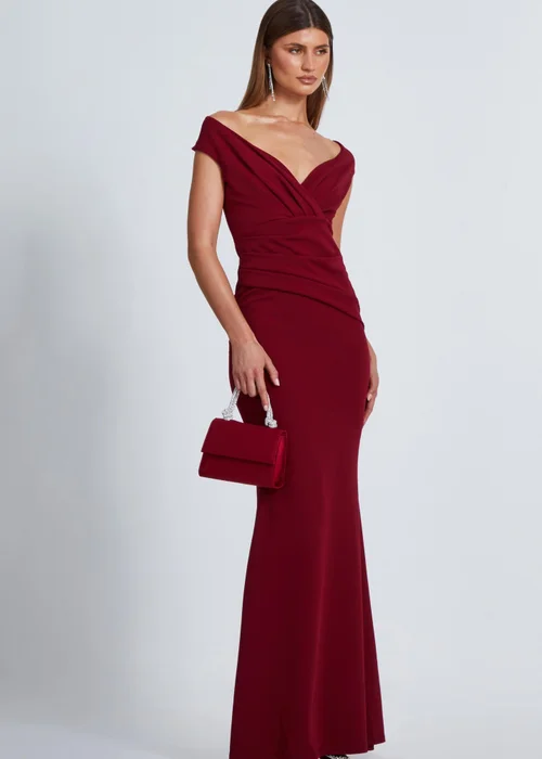 Quiz Burgundy Bardot Pleated Maxi Dress - 8 Image 3