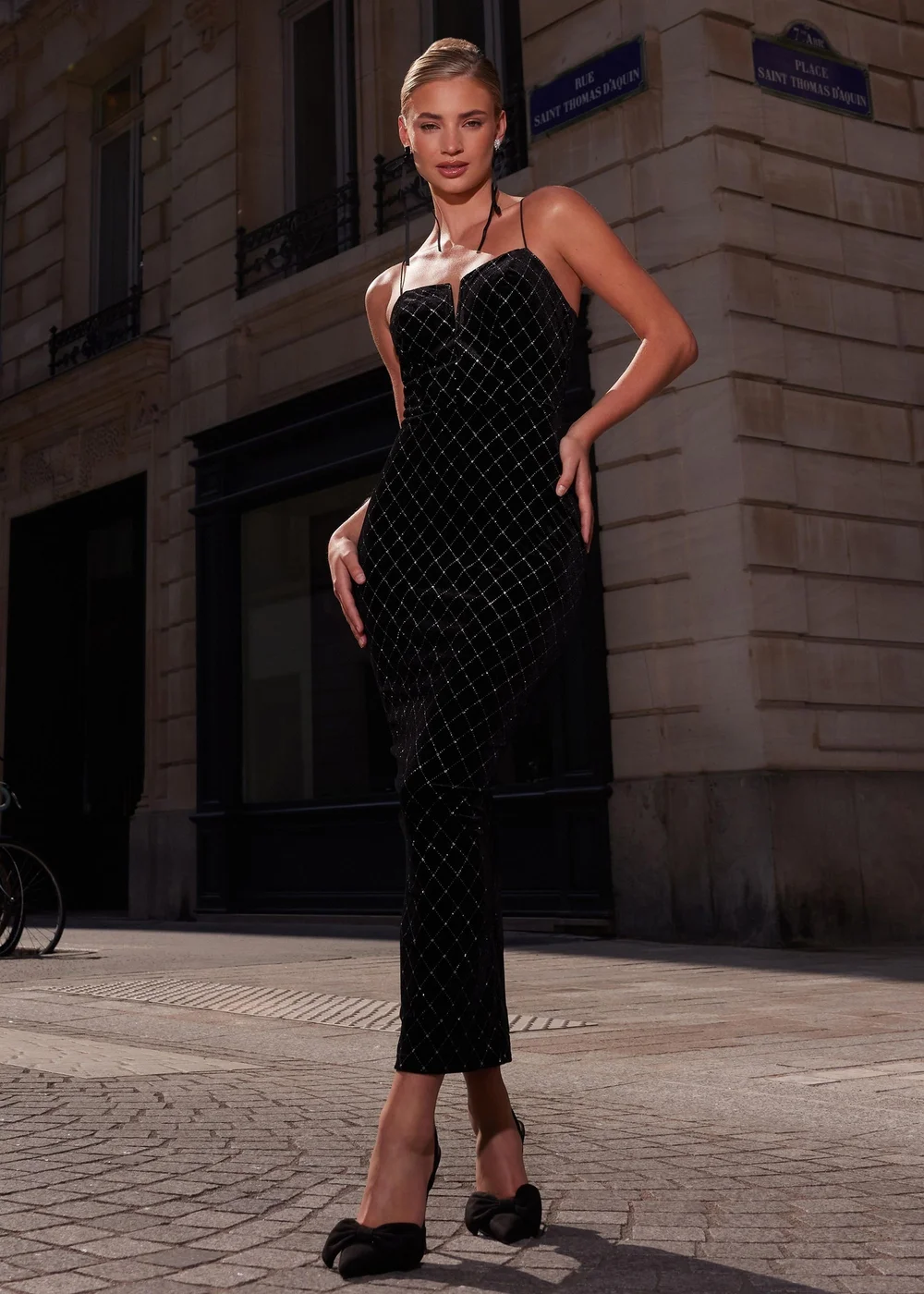 Quiz Black Velvet Diamante Midi Dress - 6 Image 1