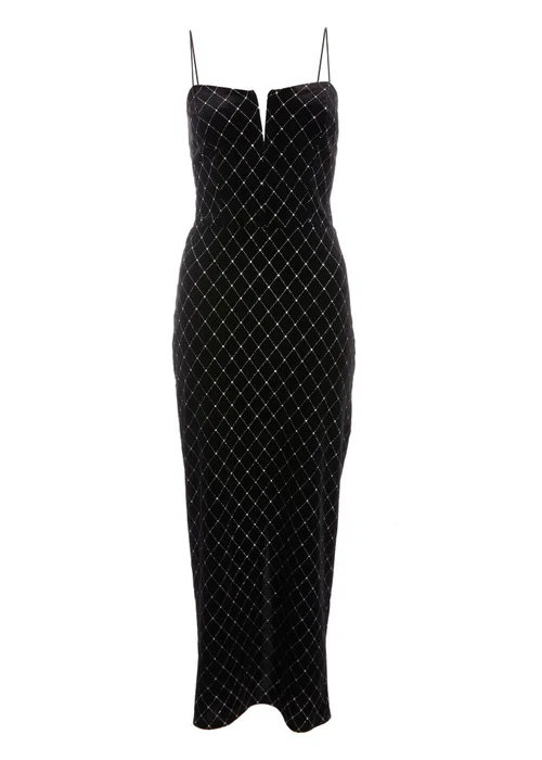 Quiz Black Velvet Diamante Midi Dress - 6 Image 4