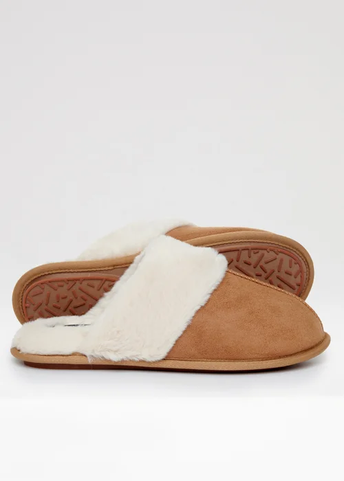 Threadbare Brown Denver Faux Suede Faux Fur Lined Mule Slippers - S Image 3